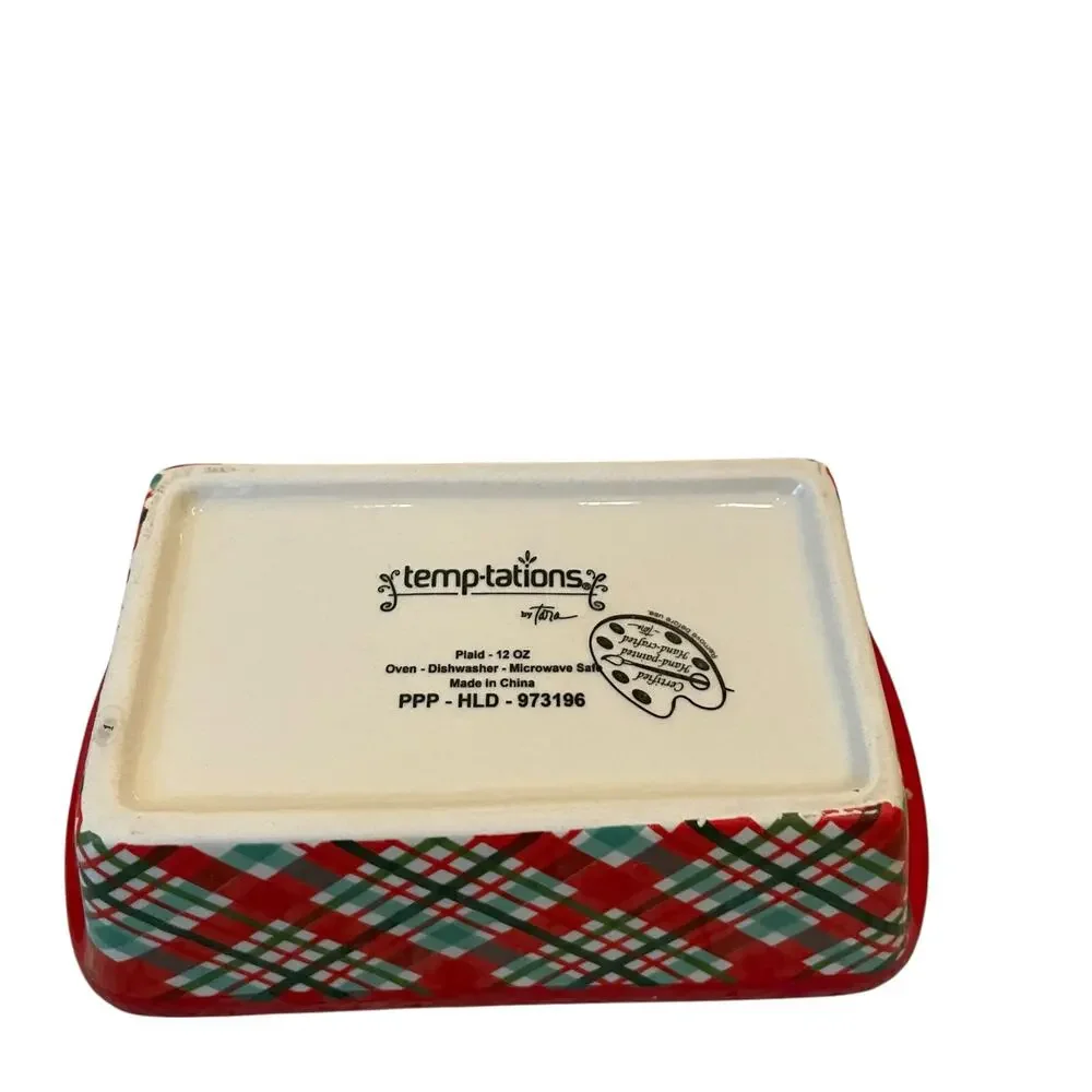 Temptations by Tara Mini Ceramic Loaf Pan w/ Lid 12oz Holiday Plaid Red Green